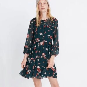 Madewell Sheer-Sleeve Pintuck Ruffle Dress in Spruce Blooms size 4